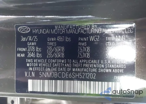 2025 Hyundai Tucson Sel z USA, uszkodzony, nr VIN 5NMJBCDE6SH521202